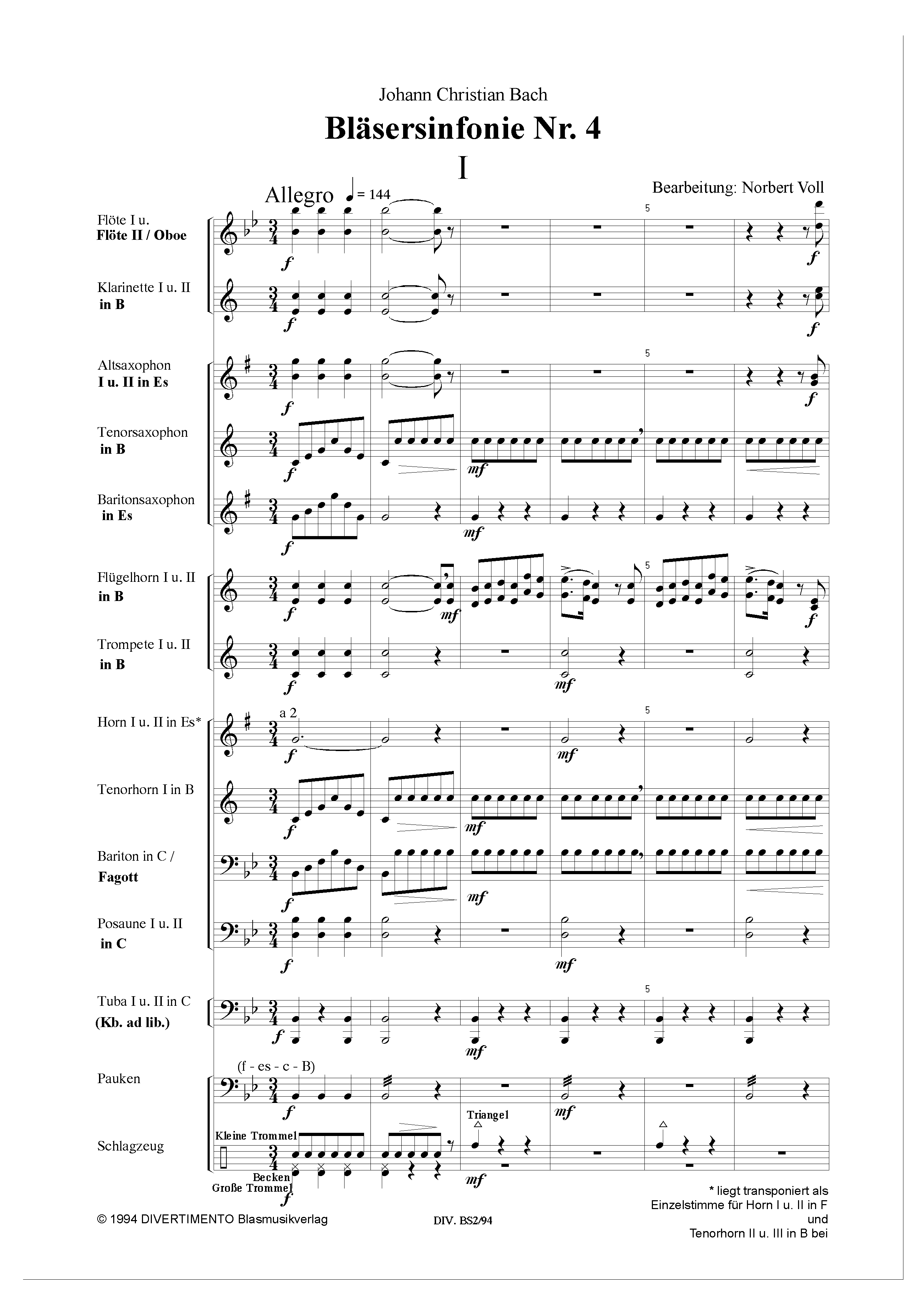 Johann Christian Bach: Bläsersinfonie Nr. 4, Partitur 1. Seite